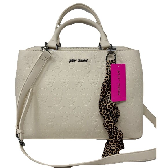 Women’s Betsy Johnson Handbag Tote Embossed Skulls XODELTA Chalk Cream Color NWT - Picture 1 of 8
